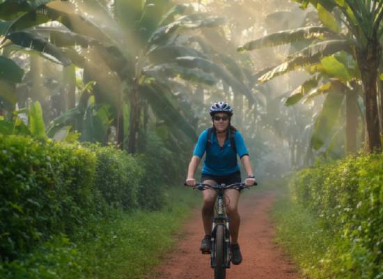 a rider in a chagga village during cycling around kilimanjaro tour